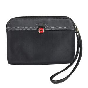 SWISS GEAR MAKEUP/TOILETRY BLACK ZIPPERED TRAVEL POUCH MULTI COLOR STRIPE LINING